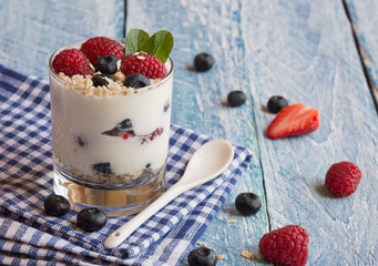 Delicious yogurt with fresh fruit and cereals