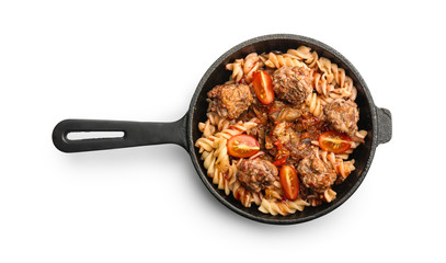 Tasty pasta with tomato sauce and meat in pan on white background