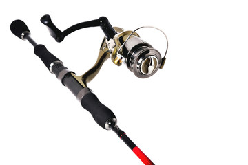 fishing reel on a fishing rod, white background close-up, copy space