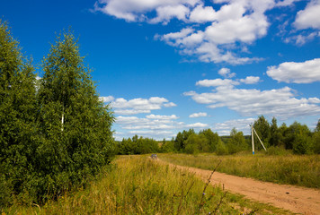 Perfect sunny summer landscape with green grass, dusty rural road and bright sky with white clouds. The car is driving along the rural road on a summer day