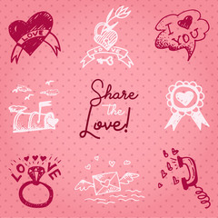 Fototapeta premium Valentines day card or invitation whit motivation text Share the Love. Wedding concept Greeting card, poster, banner, design element. Love pink background