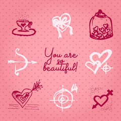 Valentines day card or invitation whit motivation text You are so beautiful. Wedding concept Greeting card, poster, banner, design element. Love pink background