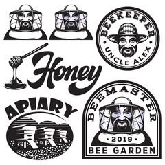 Set of vector monochrome templates on honey and beekeeping