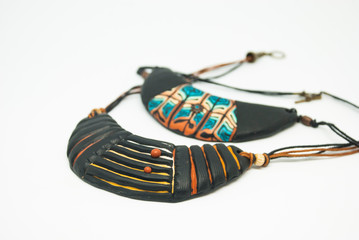 Handmade art deco ethnic bib necklace of polymer clay. Fashion jewelry.