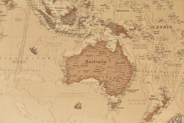 Fototapeta na wymiar Ancient geographic map of Oceania with names of the countries