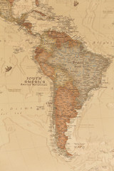 Ancient geographic map of south America with names of the countries
