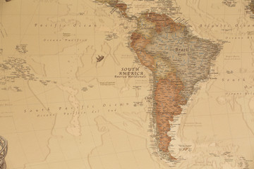 Ancient geographic map of south America with names of the countries