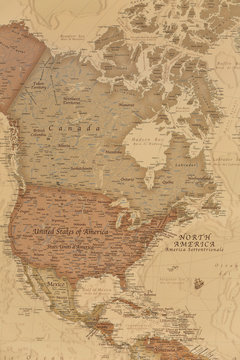 Ancient geographic map of north America with names of the countries