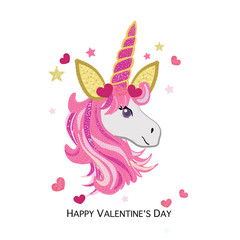 Magical unicorn with pink and red shining heart. Valentine's Day greeting card