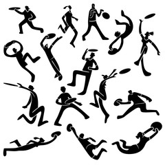 Ultimate players silhouettes. Boy and girl catching flying disc. Sport competition shapes.