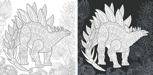 Fototapeta premium Coloring pages with Stegosaurus dinosaur