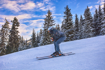 Skier running down the slope in Karakol mountains. Beautiful sunny day ski closeup.