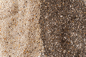 Black and white chia seeds texture. Superfood closeup, top view