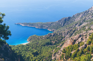 Fototapeta na wymiar Turkey landscape with blue sea, sky, green hills and mountains