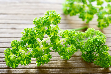 fresh curly parsley leaves on the wooden table