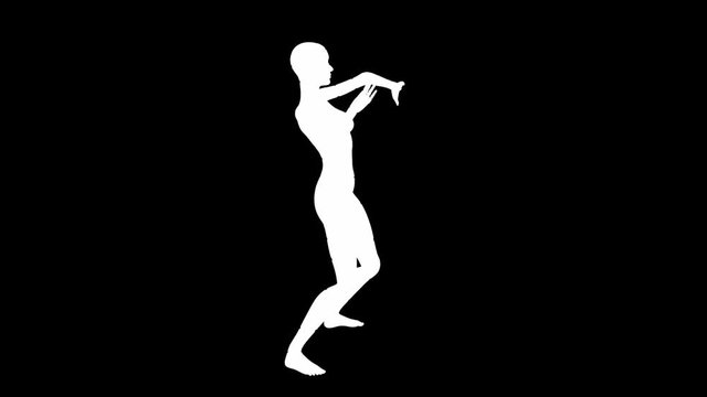 Looping animated 3D dancing female on a masked black background.