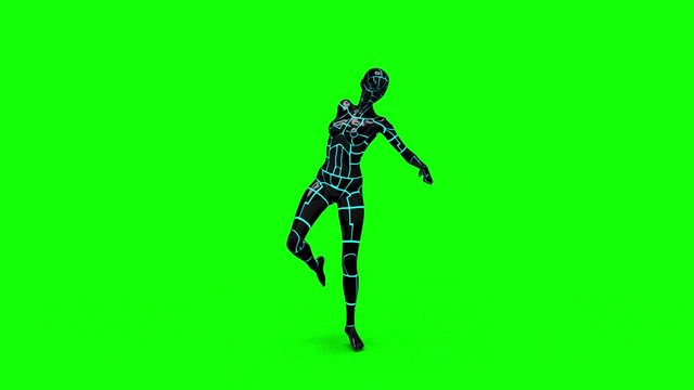 Looping animated 3D dancing robotic cyborg futuristc female doing a dance on a chroma key green screen background.