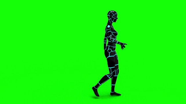 Looping animated 3D dancing robotic cyborg futuristc female doing a dance on a chroma key green screen background.