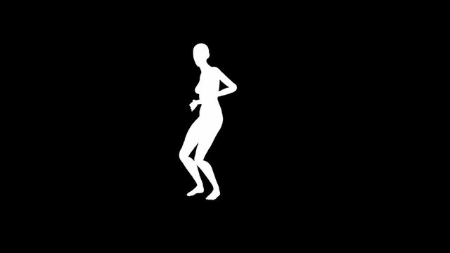 Looping animated 3D dancing female on a masked black background.
