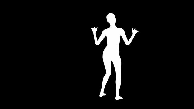 Looping animated 3D dancing female on a masked black background.