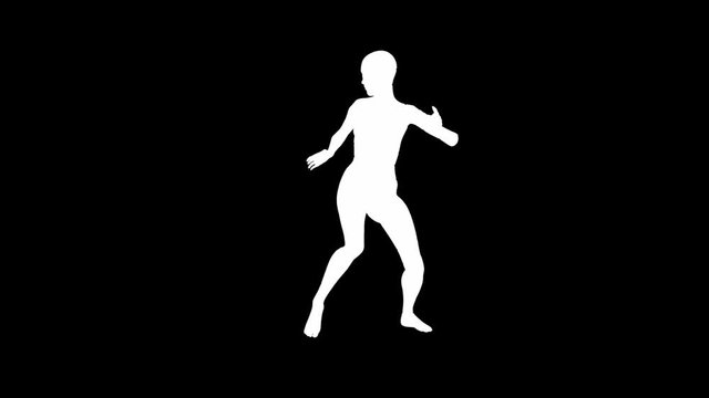 Looping animated 3D dancing female on a masked black background.