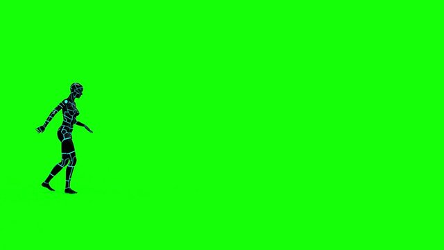 Looping animated 3D dancing robotic cyborg futuristc female doing a dance on a chroma key green screen background.