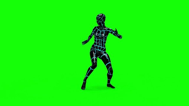 Looping animated 3D dancing robotic cyborg futuristc female doing a dance on a chroma key green screen background.