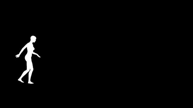 Looping animated 3D dancing female on a masked black background.