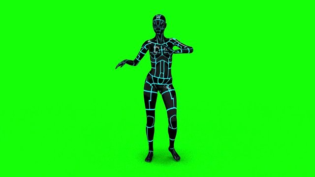 Looping animated 3D dancing robotic cyborg futuristc female doing a dance on a chroma key green screen background.