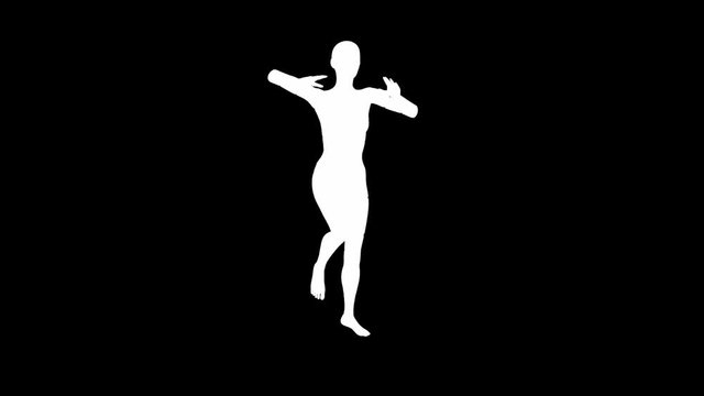 Looping animated 3D dancing female on a masked black background.