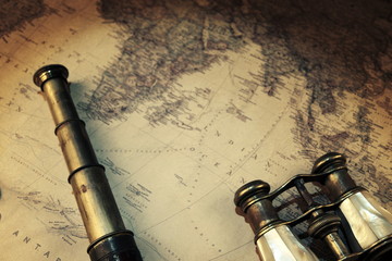Pirate map.Binoculars,monocles,spy glass.Travel and marine engraving background.Vintage style.Treasure hood concept.