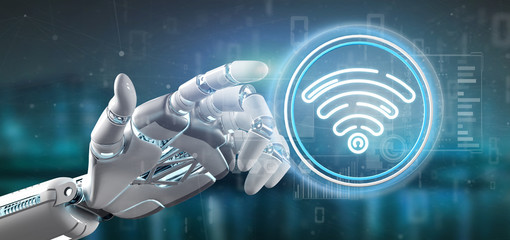 Obraz na płótnie Canvas Cyborg hand holding Wifi icon with stats and binary code 3d rendering