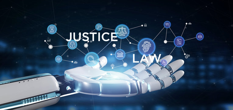 Cyborg hand holding Cloud of justice and law icon bubble with data 3d rendering