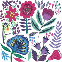 Lovely bright abstract rustic folk art herbal floral pattern of hand drawn flowers with green leaves vector illustration. Perfect for greetings card, textile, fabric, wallpapers, banners, phone case