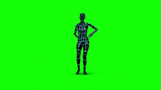 Looping animated 3D dancing robotic cyborg futuristc female doing a dance on a chroma key green screen background.