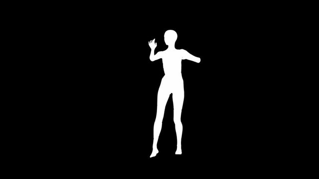 Looping animated 3D dancing female on a masked black background.