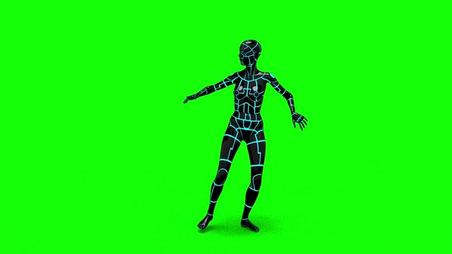 Looping animated 3D dancing robotic cyborg futuristc female doing a dance on a chroma key green screen background.