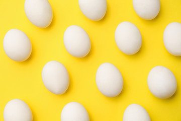 Many chicken eggs on color background
