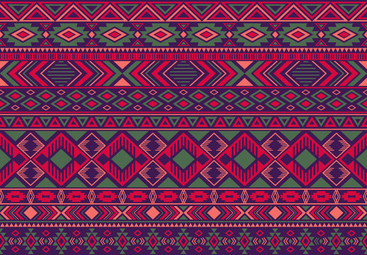Ikat pattern tribal ethnic motifs geometric seamless vector background. Graphic indonesian tribal motifs clothing fabric textile print traditional design with triangle and rhombus shapes.