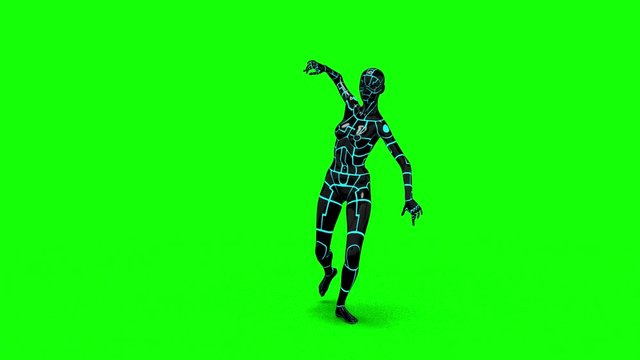 Looping animated 3D dancing robotic cyborg futuristc female doing a dance on a chroma key green screen background.