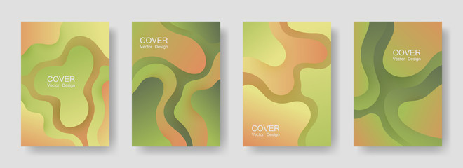 Gradient fluid shapes abstract covers vector collection. Modern brochure backgrounds design. Organic bubble fluid splash shapes, oil drop molecular mixture concept pattern. Cover layouts.