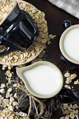 Homemade oat milk in a milk jug. Vegan milk.