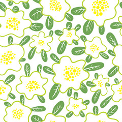Floral seamless pattern. Background with cute abstract flowers and leaves. Vector illustration.