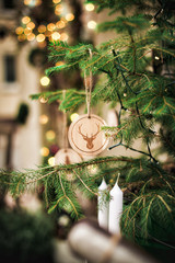 Fir Branch with Christmas lights. Christmas Holidays Background. Selective focus - 241570208