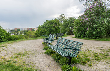 Benches on Söder's heights overlooking Djurgbården, Grönalund and Stadsgårdkajen