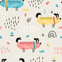 Seamless pattern with cute doodle dogs