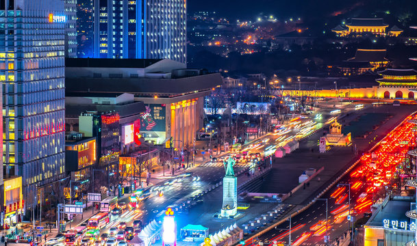 Night View Of Gwanghwamun Plaza  In Seoul South Korea 