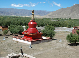 Red stupa in Samye Tibetan monastery in the suburb of Lhasa, Tibet, China