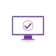 Computer monitor and checkmark in circle in purple gradient color. Successful update, accept, ok button, task completed concepts. Vector illustration isolated on white background. clean design.