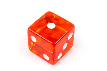 A red glass dice isolated on a white background with a shadow, one.